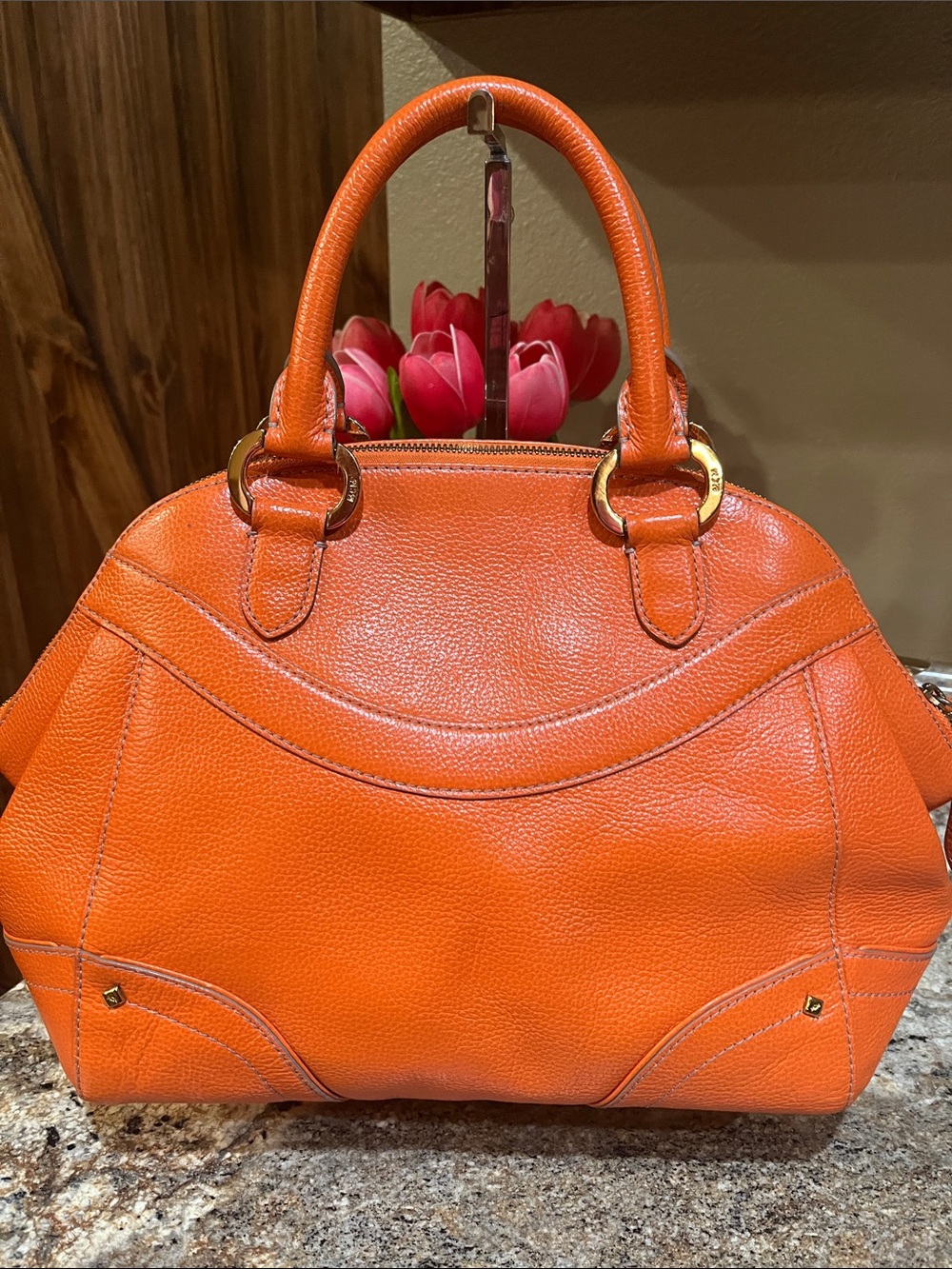 MCM Orange Pebbled Leather Dome Satchel with Gold-Tone Accents - Picture 7 of 13